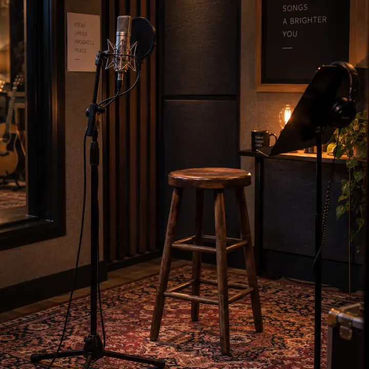 A vocal booth with a studio microphone, a wooden stool and a Persian rug