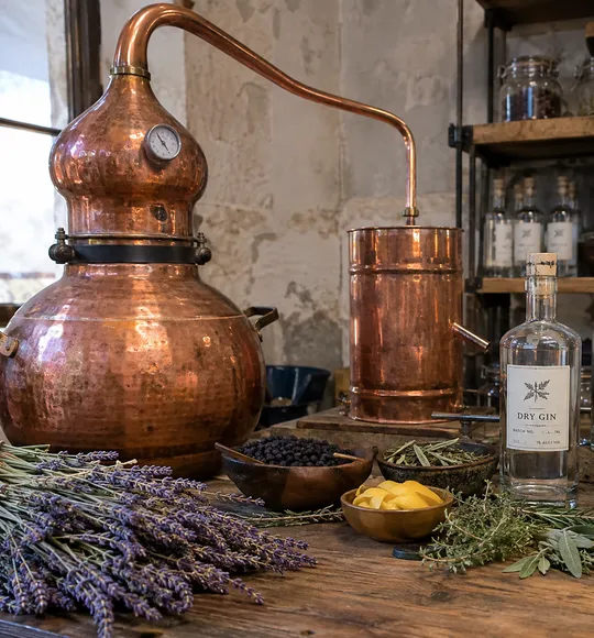 A copper pot still beside bottles of dry gin, with juniper, lemon peel, lavender and rosemary on a wooden bench