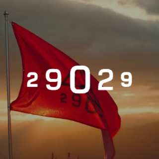 A red 29029 flag against a sunset sky