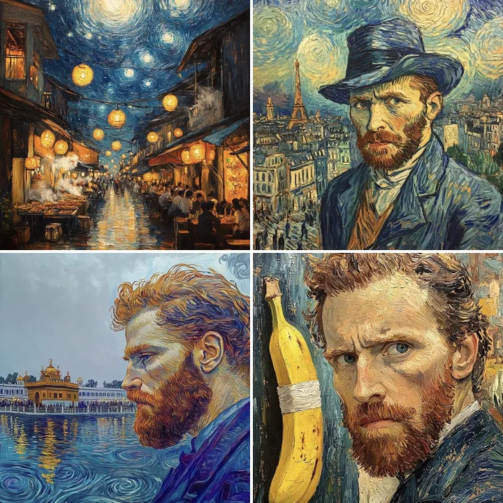 Four digital artworks in a Van Gogh style, from the Goghing Modern Instagram account