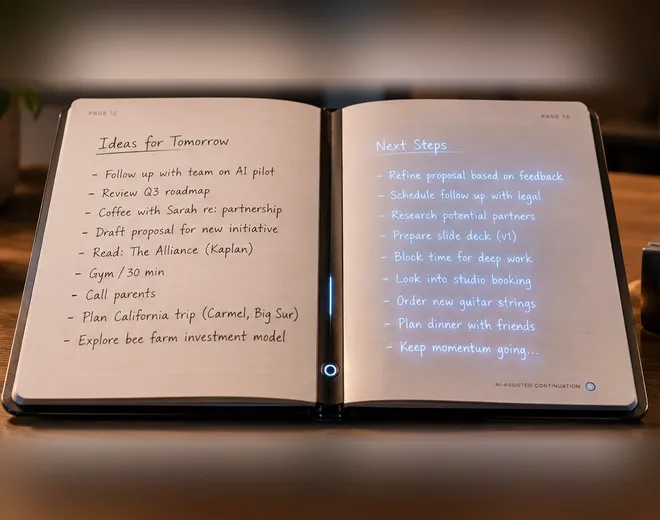 An open notebook: handwritten ideas on the left page, and an AI-drafted list of next steps glowing on the right page