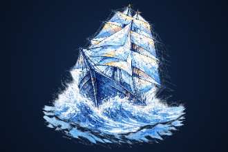 A tall ship under full sail riding high seas, from TheKeel